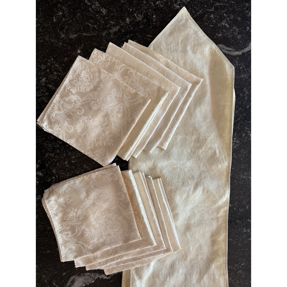 Vintage W-C Designs Cream Damask Table Linen Set - 2 Runners & 10 Napkins Y2K